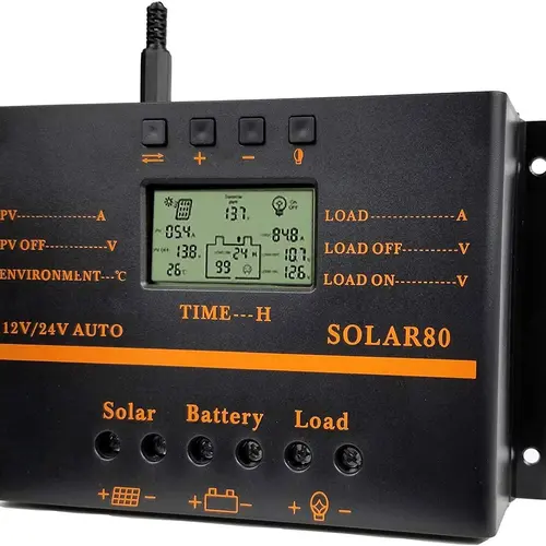 LCD Screen Solar Controller - 80A, 12V/24V, 1440W Photovoltaic Battery Charging Regulator with Aluminum Heat Sink, Automatic Switch Timer for Home Use