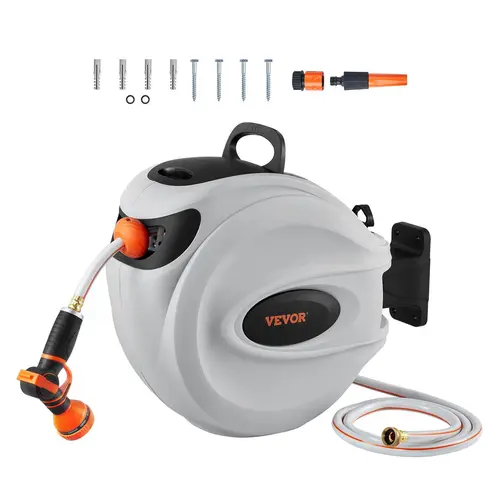 VEVOR Retractable Pressure Hose Reel, PVC Hose with 9-Pattern Nozzle, 180° Swivel Wall-Mount Bracket, Automatic Rewind, Lock at Any Length, Slow Return Spring System, Durable for Automatic Garden Watering, Washing Car