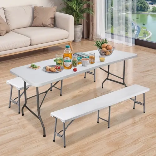 Segawe 6ft Pre-Assembled Waterproof HDPE Plastic Portable Folding Table Set with 2 6ft Lightweight Outdoor Benches - 350 lbs Heavy Duty Load, HDPE Resists Daily Wear for Camping, Picnic