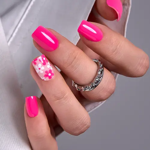 Fuchsia Floral Press-On Nails with Clear Base – 24pcs Short Oval Fake Tips in Bright Summer Pink | Vivid, Bold & Fun Look | Easy to Apply, Durable, No UV Needed | Perfect for Parties, Festivals, Vacations & Everyday Nail Art | CurvLife