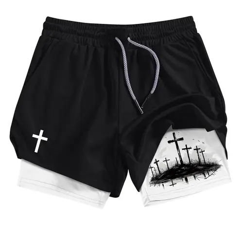 Men's Cross Print 2-in-1 Gym Performance Shorts, Summer Breathable Quick Drying Sporty Shorts, Gym Workout Running Shorts with Phone Pocket Zipper Pocket Towel Loop, Shorts With Pockets