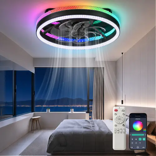 DEMILARE 19.7in Round RGB Sensory Lights Flush Mount Ceiling Fan with Remote, App Control, 6-Speed Reversible Quiet Motor, Dimmable LED, Sleek Design for Gamers’ Gaming Room, Bedroom, Home Improvement