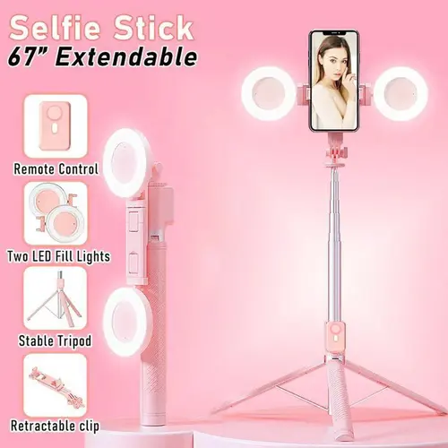67in Multifunction Selfie Stick Tripod with Dual Fill Ring Light, 360° Rotatable, 6-in-1 Wireless Bluetooth Remote Accessories for Smartphone, Cellphone, Mobile Device (iPhone/Android/iPad) for Photo, Vlog Stand Gifts
