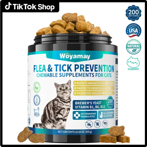 Woyamay Flea & Tick Repellent for Cats, 200 Soft Chewables Natural Flea and Tick Defense with Omega-3 and Vitamin, Daily Use Flea and Tick Protection for Kitten , Chicken Flavor No Flea Collars #DealsForYouDays #SummerWins,back to school