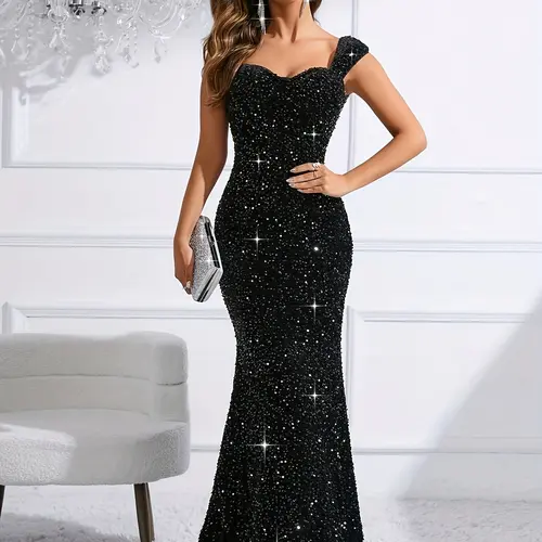 Elegant Sleeveless Mermaid Evening Glam Gown, Sparkling Sequin Heart Neckline, Long Formal Wedding Dress, Perfect for Weddings and Special Events, Formal Wear, Evening Party Dresses, Evening Sequin Details