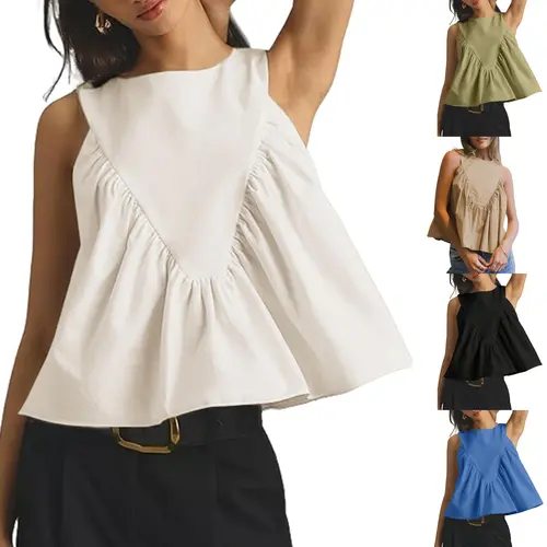 UANEO Womens Sleeveless Peplum Top Swing Tank Loose Fit Back Button Casual Blouse Ruffled Shirts Stretchy Lightweight