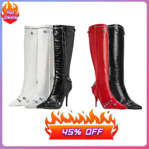 Women's Mid-Calf Pointed-Toe Leather Boots - Fashion Footwear with Metal Rivets Adding Tough Street Detail, Croco Print, Combat Look, Sleek Lines & Leg-Length Effect, Metal Rivets Add Tough Street Detail