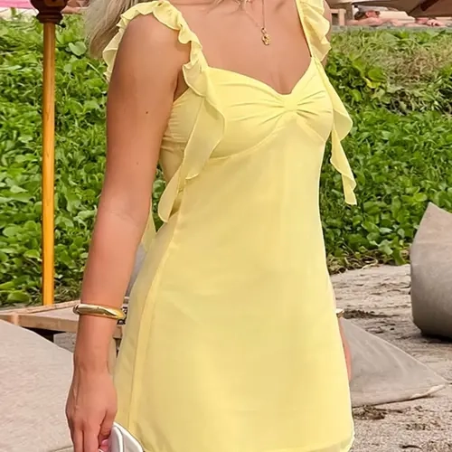 Women's Solid Color Ruffle Trim Tie Shoulder Cami Dress, Sweet Fashion Casual Frill Trim Dress for Beach Holiday Vacation, Ladies Summer Clothes, Beachwear Dress