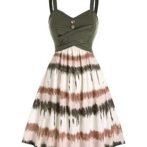 [Plus Size] Striped Print Dress, Elegant Casual Chic Sleeveless A Line Dress for Beach Holiday Vacation, Women's Clothes for Summer, Womenswear, Casual Dresses, Casual Elegant Classy, Casual Beach Sundress, Casual Fashionable Dress