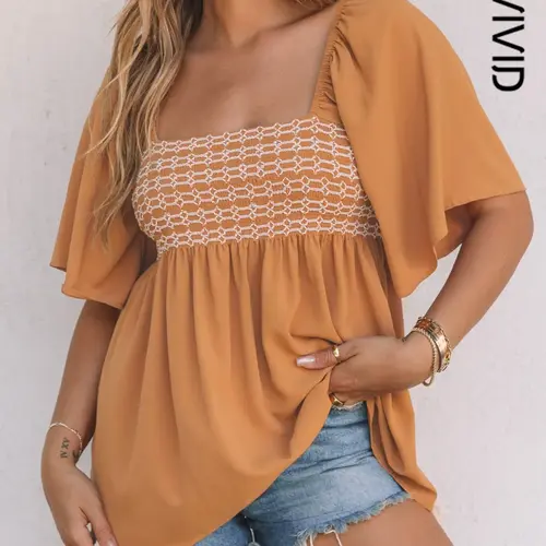 Women's Casual Elegant Solid Color Square Neck Smocked Front Wide Sleeve Flowy Short Sleeve Lightweight Comfy Blouse for Summer, Womenswear, Top