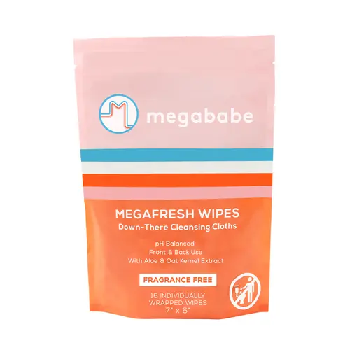 Megababe Megafresh Intimate Cleanser Wipes - Fragrance-Free, Sensitive-Skin, pH-Balanced, Soothing, Front & Back Use, 16 Individually Wrapped Wipes (Pack of 1) | Intimate Wash Essentials
