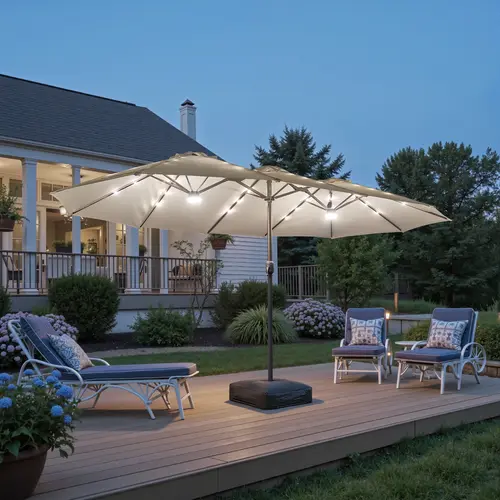 CAODOC 15ft Large Patio Umbrella with Base & Solar Lights, Double-Sided Outdoor Rectangle Umbrellas with 36 LED Lights, Umbrella for Outside Garden and Poolside Use