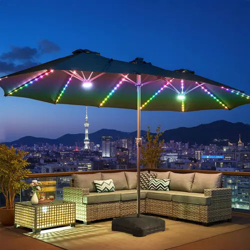 【With Base】CAODOC 15FT Large Outdoor Patio Umbrella, Rectangular Market Table Sun Parasol Umbrella with Base, Crank, Steel Ribs and Pole for Garden, Backyard,Sand, Pool