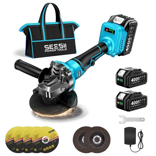 【SEESII】 Cordless Angle Grinding Machine Tool Kit Set, 4-1/2" Brushless Power Tools with 2x4.0Ah Batteries, 10000RPM Universal Cutting Discs & Wool Carving Wheel for Precision Cutting #fathersdaygift