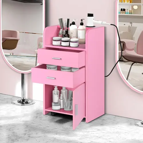 HOMBCK Beauty Salon Station, for Hair Stylist, Hair Salon Station Storage Cabinet with Wheels, with 2 Drawers, with 2 Hair Dryer Holders, Furniture, Wood#SohoChic#Homemakeover
