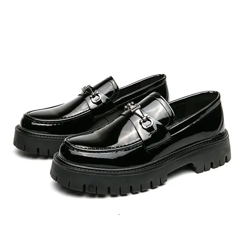 Men's Black PU Leather Slip-On Loafers - 2024-2025 New Business Style, Elegant Plain, Chain Detail, No Laces, Classic Round Toe, Comfortable for Work & Daily Wear, Elegant Plain Loafers, Pu Leather Loafers