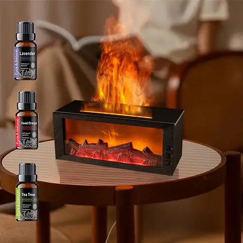 7-Color Mini Flame Essential Oil Fireplace Humidifier Set - Home Diffuser, Desktop & Room Use, Auto-Off Protection, Bourbon & Melatonin Compatible Oil Diffuser Humidifier