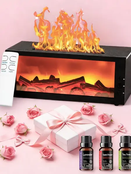 300ml Colorful Flame Waterless Aroma Diffuser - USB Powered Desktop Humidifier with Aromatherapy Essential Function, Timer, Remote Control, Auto-Off Protection, Bourbon Scent for Home/Bedroom Decor Gift