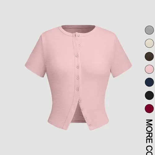 Women's Casual Plain Button Front Cropped Tee, Minimalist Basic Short Sleeve Summer T-shirt for Daily Wear, Ladies Clothes for All Seasons, Womenswear, Fitted T Shirt