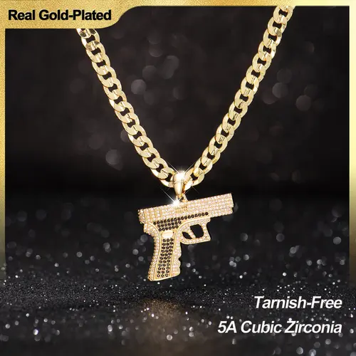 Holylegend 14K Real Gold-Plated Gun Pendant Necklace with AAAA CZ Diamonds, Streetwear Cuban and Rope Chain Jewelry, Bling Accessories Gift for Him, Men's Iced Out Hip Hop Chain,High End Necklace,Necklaces Men,Father's Day Gift
