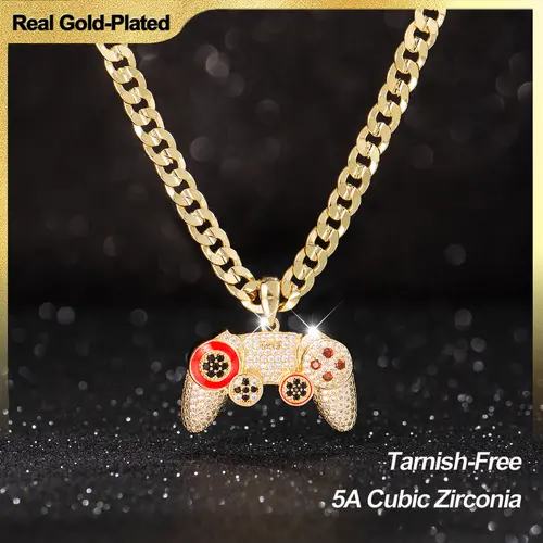 Holylegend 14 Karat Real Gold-Plated Glossy Cubic Zirconia Sony-Inspired Game Controller Necklace, 24in Rope-Cubanlink Chain, Hip Hop Jewelry Gift for Adult PlayStation Fans, Birthday/Father's Day Gift
