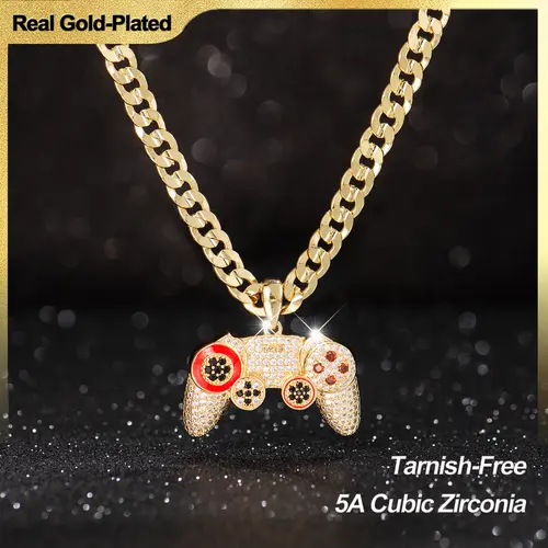 Holylegend 14K Real Gold-Plated Game Controller Necklace, Statement necklace, CZ Diamond Pendant, 24" Cuban & Rope Chain, Hip Hop Jewelry Gift for PlayStation Fans,Father's Day Gift