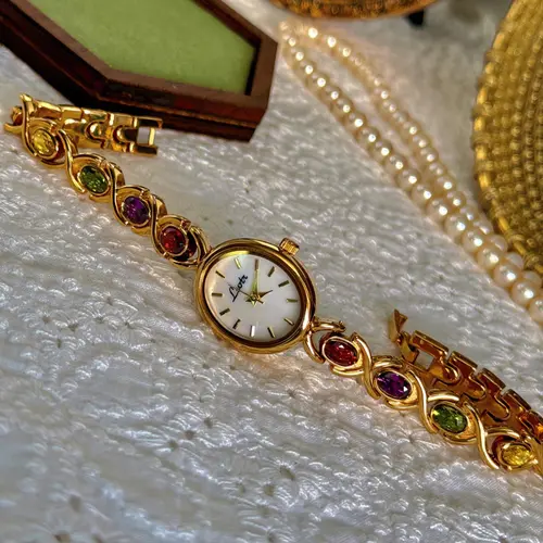 Women's Elegant Multicolor Artificial Gemstone Decorated Quartz Watch, Exquisite Trendy Wristwatch, Fashionable Analog Watch As Gift, Jewelry Bracelet Watch, Fashionable Stylish Watch, Fashion Wristwatches