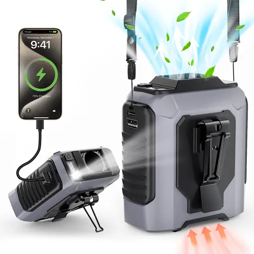 PADOX Summer Gift, Portable Personal Waist Fan, 4-in-1 Rechargeable Wearable Fan with 5000mAh Battery Power Bank, 10 Speeds, 5300RPM Turbo Airflow, LED Light, Hands-Free Belt Clip Fan for Outdoor, Jobsite, Construction, Farm, Camping, Travel & Fishing