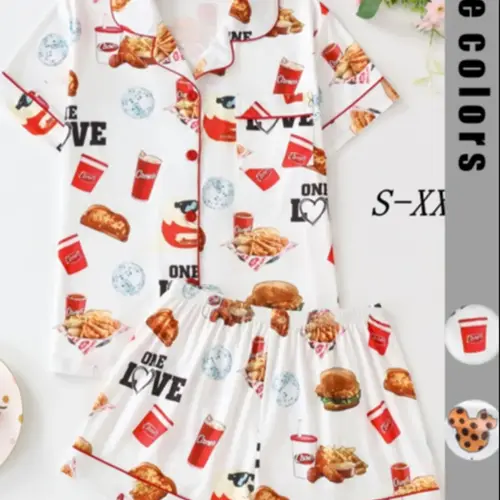 Women's Bread Beverage Snack Print Pajama Set Pjs, Collared Button Short Sleeve Top & Loose Comfortable Shorts, Elegant Sleepwear Suit Loungewear Sleepwear Pajamas Set