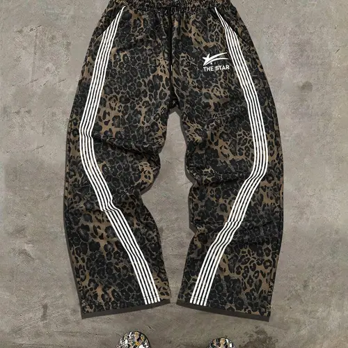 Men's Regular Fit Leopard Print Side Stripe Sweatpants, Street Fashion Casual Comfy Jogger Pants, Casual Sports Bottoms, Casual Jogging Pants for Daily Wear, Men's Trousers for All Seasons, Casual Style Sweatpants