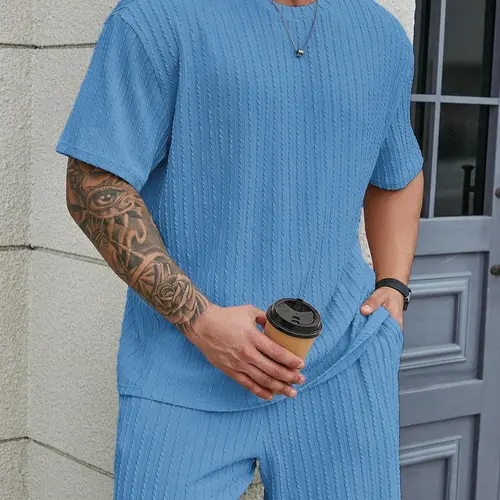 KZZ Men's 2-Piece Fashion Outdoor Set - Casual Solid Textured Round Neck T-Shirt & Men's Shorts, Relaxed Fit Male Clothing for Spring Summer