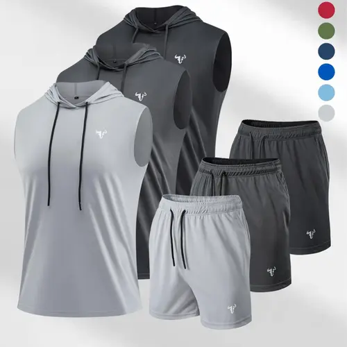 Men's Sporty Fitted Suit Set, Sleeveless Drawstring Hoodie & Pockets Pants, Breathable Polyester Fabric, Ideal for Sports & Daily Wear, Athleisure Summer Clothes, Hooded Sportswear Set