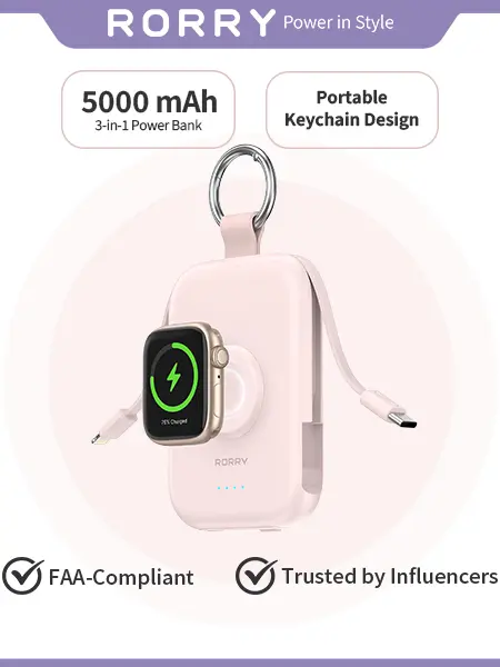 RORRY CharmGo 5000mAh Portable Charger Power Bank with Built-in Cables Travel Keychain Battery Pack for Apple Watch iPhone AirPods Compact & Travel-Friendly Gift Ideas