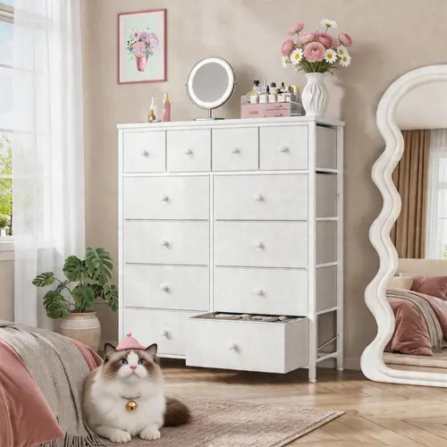 【Dorm】Raybee Furniture 12 Drawers Dresser, Tall Fabric Storage Dresser for Bedroom with Wood Top & Metal Frame, Large Capacity Chest of Drawers & Space Saving Organizer, Multi-Functional Modern Home Organization Furniture for Living Room, Hallway, Closet