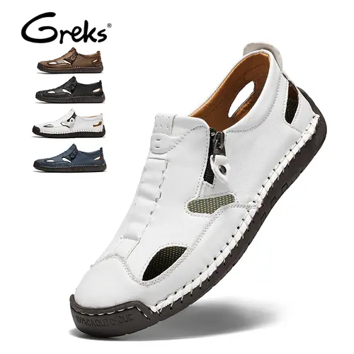 GREKS Men's Round Toe Closed-Toe Footwear - Hand-Stitched, Flat Heel, Rubber Sole, Ankle Zip, Black/White/Blue, Beach Casual Outdoor Summer Sandals