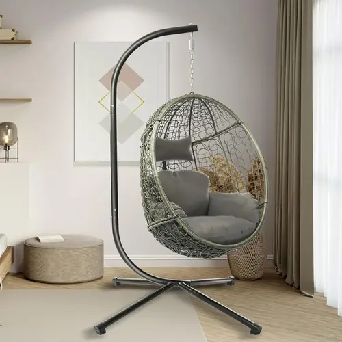 RIWENGO Hanging Wicker Egg Chair with Stand, Single Swing Chair with Cushions for Indoor and Outdoor Use, Supports Up to 350 lbs, Perfect for Patio, Garden, or Balcony