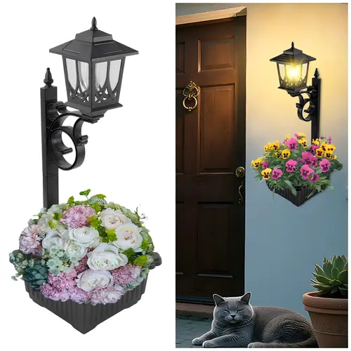 Hoodink 2-in-1 Multifunctional Solar Power Post Light with Planter, High-Speed Charge Auto-On Warm Light, IP44 Waterproof Easy Installation, for Porch Outdoor Landscape Lighting Needs, Solar Outdoor Lights