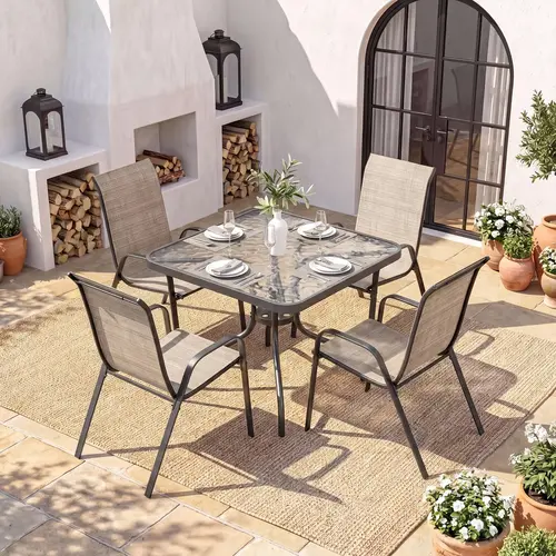 Arlopu 5/7pcs Patio Dining Set for 4/6, Outdoor Table and Chairs with 4/6 Stackable Textilene Chairs & Dining Table for Patio Lawn Garden Poolside Backyard, Black/Gray/Blue/Brown/Beige summerwins(Umbrella not Included)