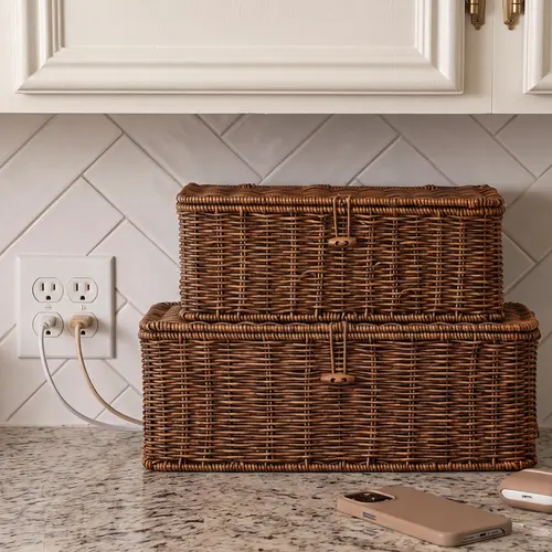 BROWNLILY Rattan Cable Management Box and Wicker Cord Organizer, Toilet Tank Top Shelf Rattan Decor Cable Hider for Under Desk, TV & Home Office Storage, with Lockable Lid, Baby Proof, Pet Proof, Power Strip & Outlet Cover Basket Faux