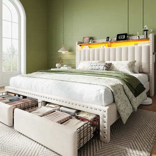 [NO MATTRESS] Raybee Queen Size Bed Frame with Storage Drawers & Bookcase Shelf, Luxury Upholstered Bed Frame for King Size  with LED Lights & Built-in Charging Station on  Headboard, Modern Platform Beds, 900LBS Capacity, Noise Less Bedroom Furniture