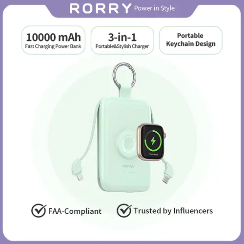 RORRY 10000mAh Magnetic Battery Power Bank - 20W PD Fast Charging, Built-in Cables, Compact Keychain EDC Gear Everyday Carry Emergency Power Accessory for Smartwatches, iPhone 17-11 (Back to School Gift Idea), Portable Charger