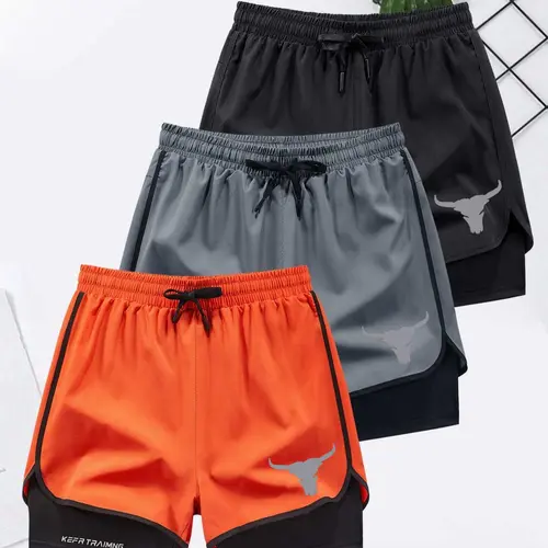 Men's Quick-Dry Breathable Training Shorts, Stylish Bull Head Print, Ideal for Outdoor Beach and Exercise, Casual Fitted Shorts