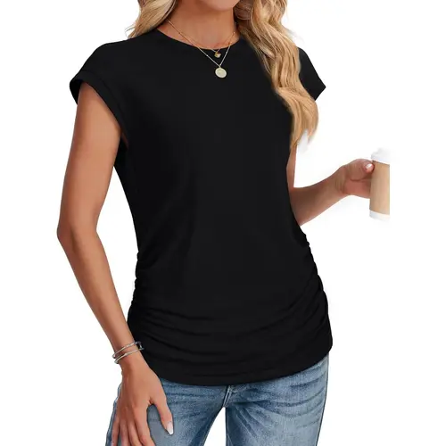 WIHOLL Womens Summer Tops Trendy 2025 Ruched Cap Short Sleeve Tshirts Shirts Crew Neck T Shirts Fashion Womenswear Crewneck
