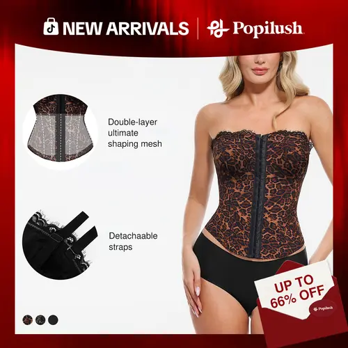 【Runs Small】Popilush Leopard Print Corset Top Women Detachable Strap Lace Up Bustier Sculpting Shapewear Tank Top Party Club Streetwear #Dealsforyoudays