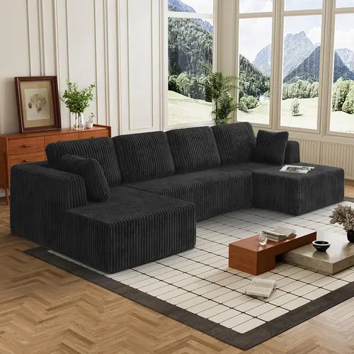 【2 packages delivered】 Niccae 132'' Oversized U-Shaped Modular Sofa, 3 PCS, Modern Corner Cloud Sofa with Plush Corduroy, Full Foam Lounge, Double Chaise & 6 Cushions for Living Room