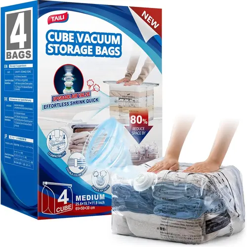 TAILI Cube Vacuum Storage Bags 4 pack, Medium Size (25x19x11 inch), Vacuum Seal Bags for Clothing, Compression Packing Cube for Clothes, Blankets, Baby Clothes