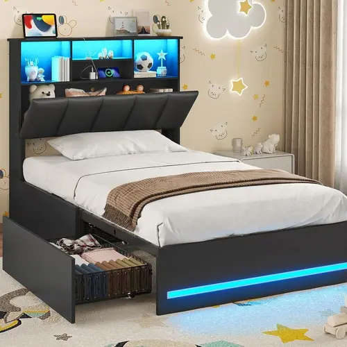 Sikaic Bed Frames with Bookcase Headboard, Wooden Bed Frame with Charging Station, 4 Storage Drawers and LED Lights, LED Bed Frame with Type-C and USB, No Box Spring Needed, Black, Home Furniture Christmas Gifts [SohoChic]