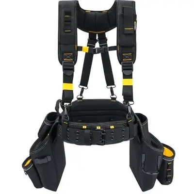 MELOTOUGH Carpenters Tool Belt with Suspenders Professional Tool Belt Combo Organizer With Tool Pouch Suspenders with 32 Pockets and Loops fits 32"-50"Waist for Electrican/Contractor/Technican(Yellow), Tool Storage Bag, Detachable Tool Pouches