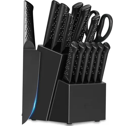 15-Piece Stainless Steel Kitchen Knife Block Set with Built-in Sharpener, Scissors, Steak Knives, Cut-Friendly Handles, Dishwasher Safe, Black Kitchenware