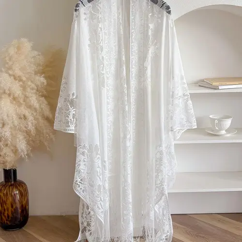 Women's Floral Lace Open-Front Cape Shawl, Casual Hollow-Out Sheer Wrap with Tassel Trim for Daily Wear